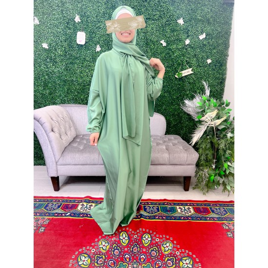 satin light green prayer dress with integrated hijab 